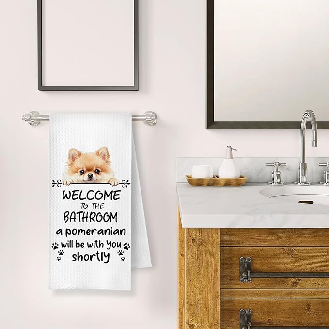 Funny Pomeranian Dog Bathroom Hand Towels, Pomeranian Gifts for Women, Welcome to The Bathroom Decorative Hand Towels for Bath Room Toilet Washroom Restroom, 16x24 Inch