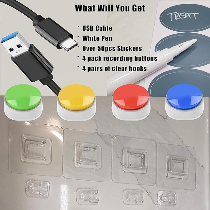 Rechargeable Pet Training Buttons - 30s Voice Recording Buttons for Cats & Dogs, USB-C ChargingCat Communication Talking Buttons with Anti-Slip Base Answer Buzzer-4Pack