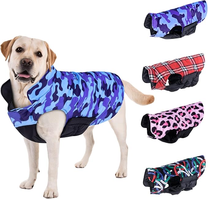 CuteBone Winter Dog Jacket - Waterproof, Windproof, Reversible Coat for Small to Large Dogs - Soft, Adjustable, Cold Weather Coats with Leash Hole