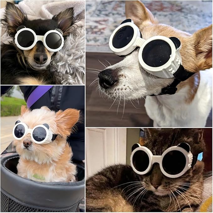 Enjoying Dog Goggles Extra-Small to Small Breeds, Dog Sunglasses UV Protection, Driving Eye Protection for Little Dogs, Breathable Windproof Dustproof Anti-Fog, Adjustable Straps, Panda White
