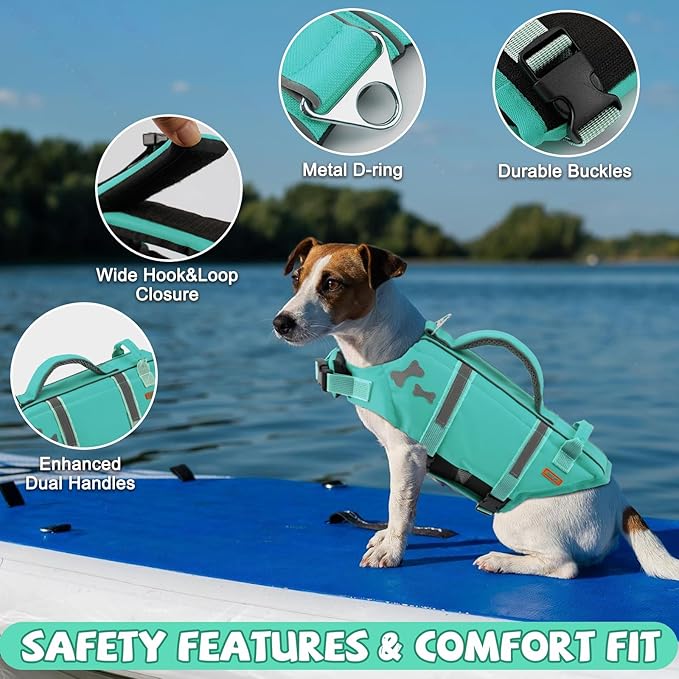 EMUST Pet Life Jackets, Dog Life Vests for Swimming, Beach Boating with Superior Buoyancy, Dog Flotation Vest for Small Dogs, Turquoise, S