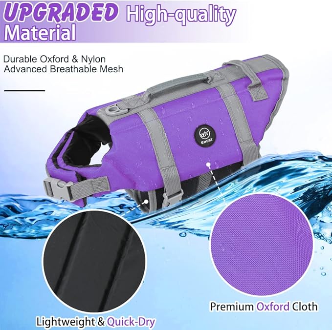 EMUST Dog Life Jacket, Lightweight Dog Life Vests with Rescue Handle for Small Medium and Large Dogs, Pet Safety Swimsuit Preserver for Swimming Pool Beach Boating, 2XL, Purple