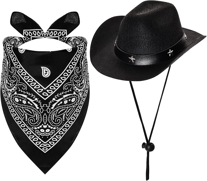 Fumwase Pet Cowboy Costume Halloween Costumes for Dogs Cat Puppy Hats with Bandana Scarf Cowboy Costume Accessories Dog Cat for Party Festival and Daily Wearing (Black, Large)