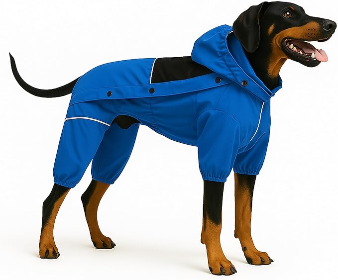 LOVELONGLONG Waterproof Dog Raincoat with Removable Hood – Outdoor Full Body Dog Jacket, Windproof Snowproof Shell Suit – All Season Pet Rain Gear Blue XL