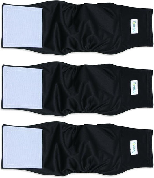Teamoy 3 Pack Male Dog Diaper Wrap, Washable Puppy Belly Bands, Super-Absorbent and Comfortable(L1,16-20" Waist, Black)