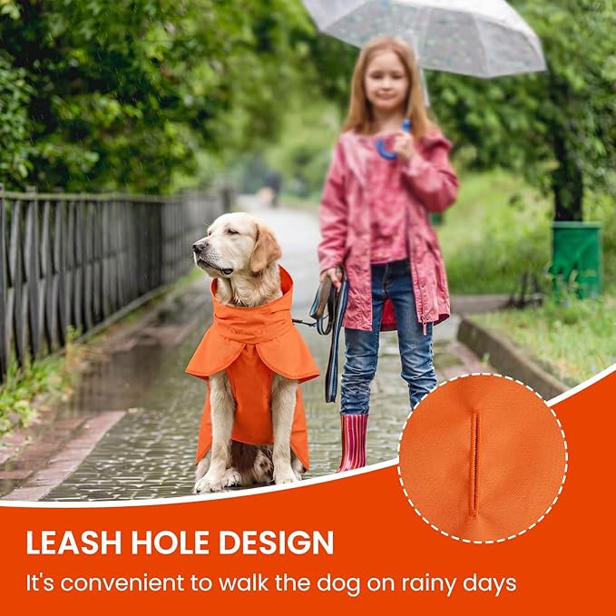 BRKURLEG Dog Raincoat for Small Medium and Large Dogs Waterproof Dog Rain Jacket Adjustable Hooded Dogs Raincoat Pet Rain Coat Poncho with Leash Hole, Reflective Strip, Orange, S