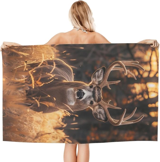Autumn Deer Beach Towel,32x52in Microfiber Quick Dry Majestic Buck Fall Forest Golden Field Bath Towels,Soft Lightweight Oversized Sand Free,for Travel Pool Swimming Gym Decor,Gifts