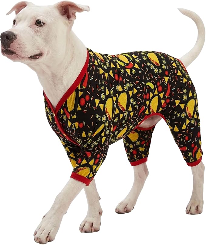 LovinPet Giant Dogs Pajamas Onesies, Big Dog Onesie Post Surgery Wear, PJS for Pitbulls, Lightweight Pitbull Dog Pullover Pajamas, Full Coverage Dog Pjs, Black Taco Print, Pitbull Clothes, 2XL