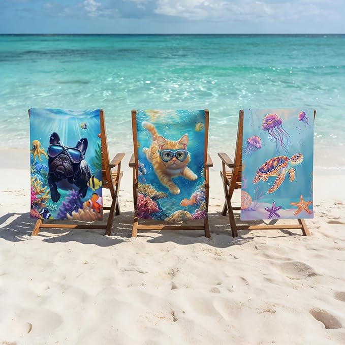 Microfiber Dog Bath Towel, Funny French Bulldog Diving with Ocean Animal Beach Towels for Kids Adults, Quick Dry Absorbent Sand Proof Towels for Swim Pool Surf Travel, Oversized 32x52