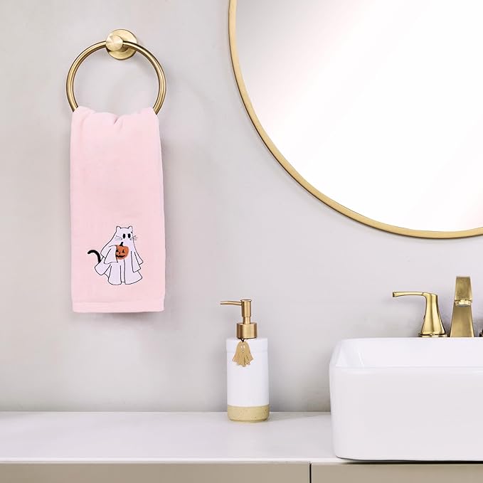 SKL Home Halloween Ghost Cat 100% Cotton Embroidered 2pc Hand Towel Set, Decorative for Bath/Kitchen/Bar & Gift, Pink