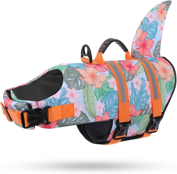 Queenmore Dog Life Jacket High Flotation, Reflective Dog Life Vest for Swimming, Adjustable Dogs Life Preserver Rescue Handle Spring Summer Pool for Small, Medium, Large Dogs (HawaiiOrange,S)
