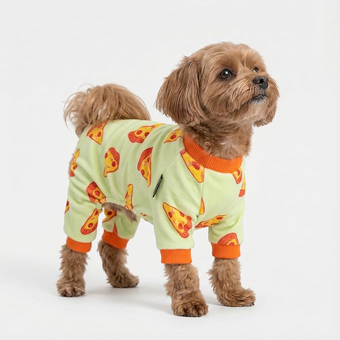 Fitwarm Pizza Dog Fleece Pajamas, Funny Cozy Clothes for Small Dogs Boy Girl, Soft Pet Onesie, Light Green, Orange, Small