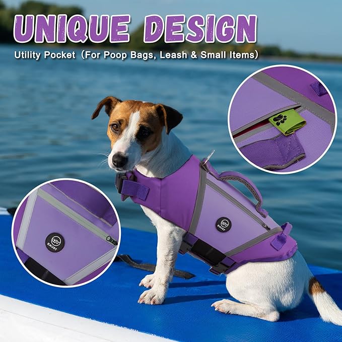 EMUST Dog Life Vest, Lightweight Life Jacket for Dogs with Pockets, Stylish Dog Life Preserver with Rescue Handle & Reflective Stripes for Swimming, Boating, Kayaking, Purple, XS