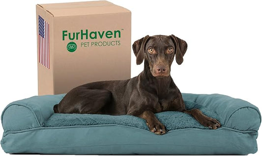 Furhaven Pillow Dog Bed for Large/Medium Dogs w/ Removable Bolsters & Washable Cover - Plush & Suede Sofa - Deep Pool, Large