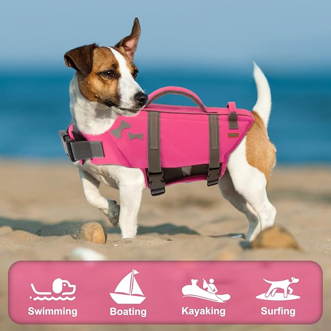 EMUST Dog Life Jacket, Lightweight Dog Life Vests with Thickened Rescue Handle for Large Dogs, Pet Safety Swimsuit Preserver for Swimming Pool Beach Boating, BrightPink, XXL