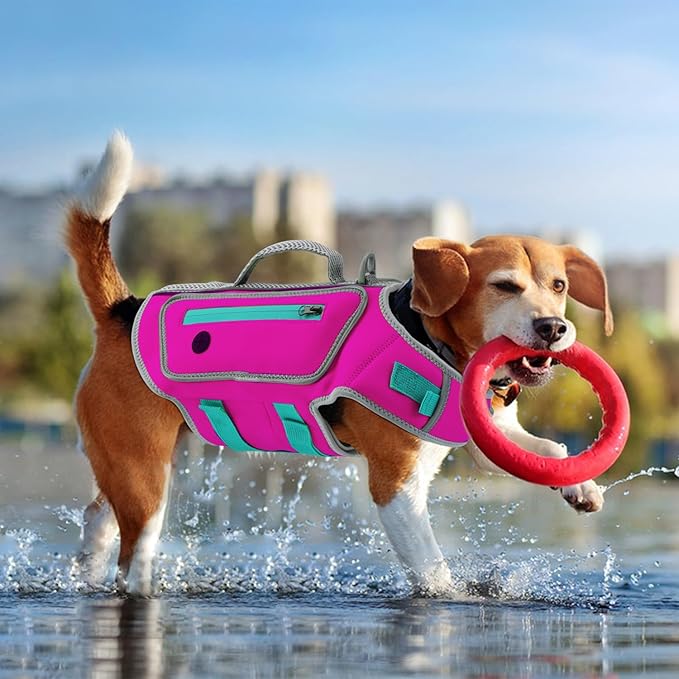 Dog Life Jacket for Small Dogs with High Buoyancy, Lightweight Dog Life Vest for Swimming Adjustable Reflective Dogs Floating Vest, Neoprene Rescue Handle Pet Lifepreserver (Rosepink, XS)