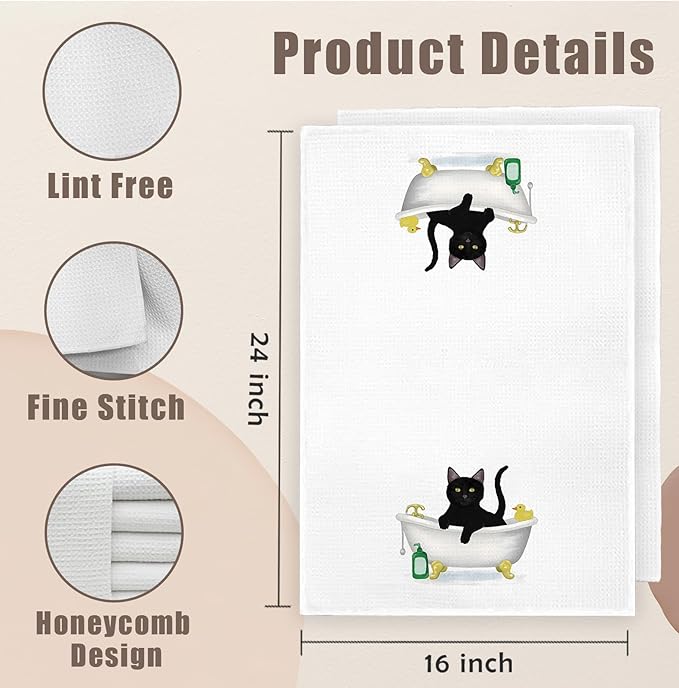 Funny Black Cat Bathroom Hand Towels Set of 2, Cat Gifts for Kids, Kids Bathroom Decor, Black Kitty Hand Towels for Bath Room Washroom Toilet, Cats Lover Mom Gifts, 16x24 Inch