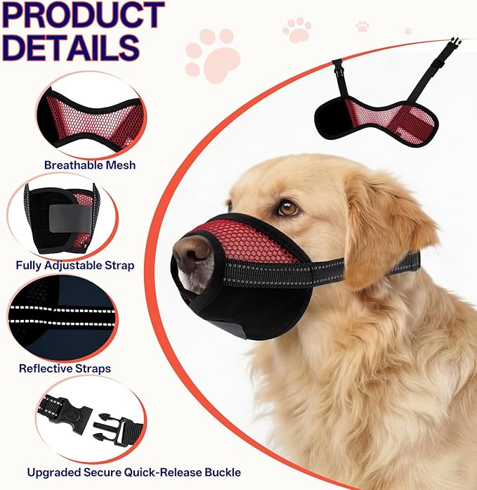 2 Pack Dog Muzzle for Large Dogs, Soft Mesh Breathable Muzzles to Prevent Biting Chewing Grooming, Adjustable Muzzle for Vet Visits Training Walking, Escape-Proof Dog Mouth Cover, Red, XL
