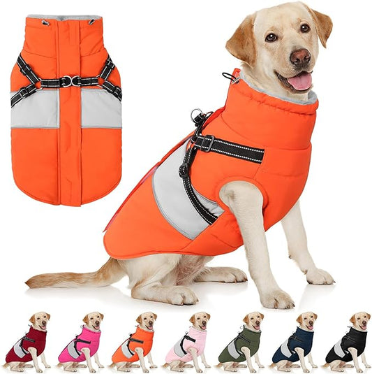 AOFITEE Dog Coat Warm Dog Winter Coat, Waterproof Dogs Jacket with Harness, Dogs Snow Jacket Snowsuit with Zipper & Furry Collar, Reflective Windproof Pet Sweater for Cold Weather, French Bulldog, L