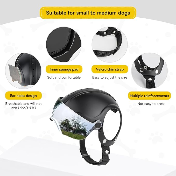 PETLESO Small Dog Helmet, Pet Motorcycle Helmet with Ear Holes, Adjustable Pet Safety Hat with Flip-Up Silver Visor, Small-Medium Puppy Heads Protection, Non-Spiked