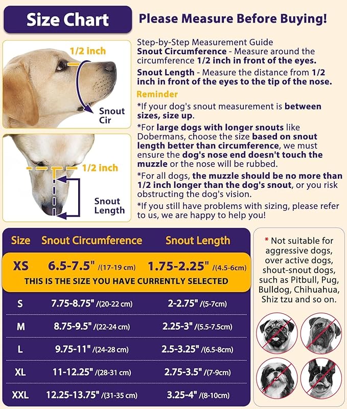LUCKYPAW Dog Muzzle, Mesh Muzzle for Large Medium Small Dogs Allows Full Pant Drinking Mouth Cover to Prevent Biting Chewing Scavenging Adjustable Breathable (XS, Black)