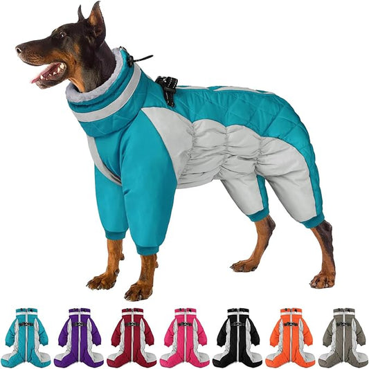 SUNFURA Full Body Dog Coat - Warm Fleece Jacket for Medium Dogs, Turtleneck Winter Coats with Harness, Reflective Dog Snowsuit Windproof Puffer Jackets with Legs for Boston Terrier, Turquoise M