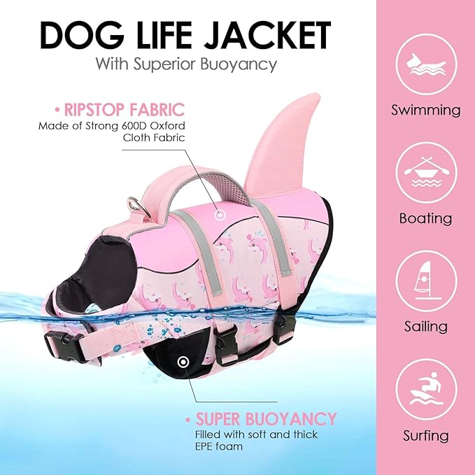 AOFITEE Dog Life Jacket, Shark Dog Life Vest for Swimming Boating, Reflective High Flotation Small Dogs Lifesaver, Ripstop Pet Swim Vest Swimsuit with Rescue Handle for Small Medium Large Dogs, S