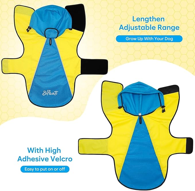 BiPawTi Dog Rain Jackets for Medium Dogs, Lightweight Reflective Safety Pet Rain Jacket, Waterproof Dog Raincoat with Hood/Leash Hole/Reflective Strip - Yellow + Blue, M
