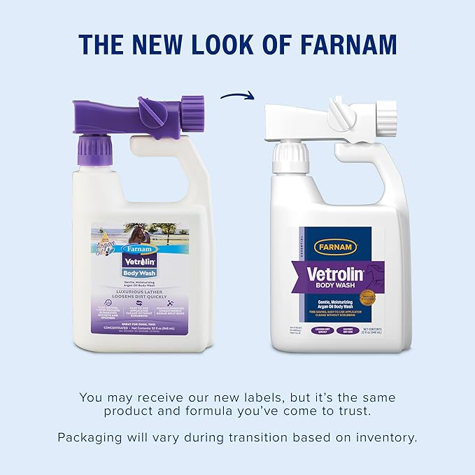 Farnam Vetrolin Body Wash, Time-Saving with No Scrubbing, Gentle and Moisturizing with Argan Oil, Soothes Dry Skin, for Horses and Dogs, 32 fl oz.