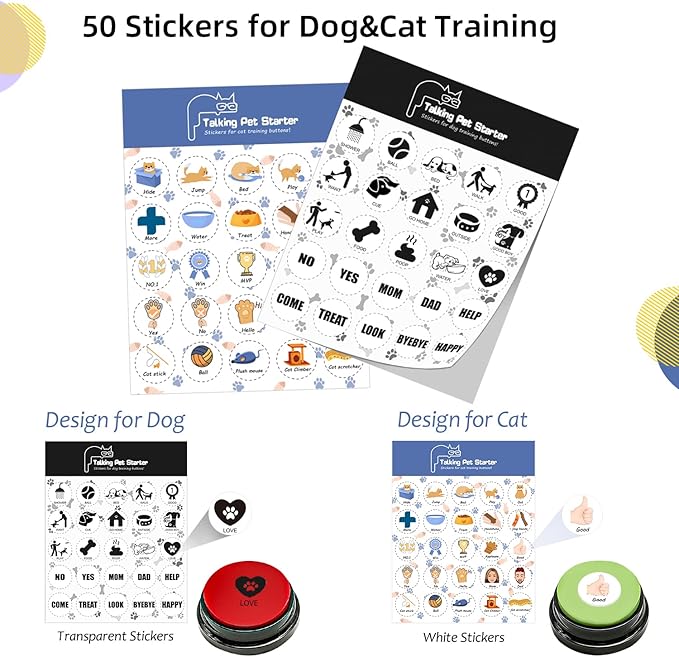 Set of 10 Dog Buttons for Communication, Dog Training Talking Buttons Starter Set, Recordable Buttons for Classroom 30-Second HD Recording, 100 Stickers