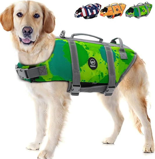 EMUST Dog Life Jacket, Dog Life Vests for Swimming, Beach Boating with High Buoyancy, Dogs Flotation Vest L, MultiGreen