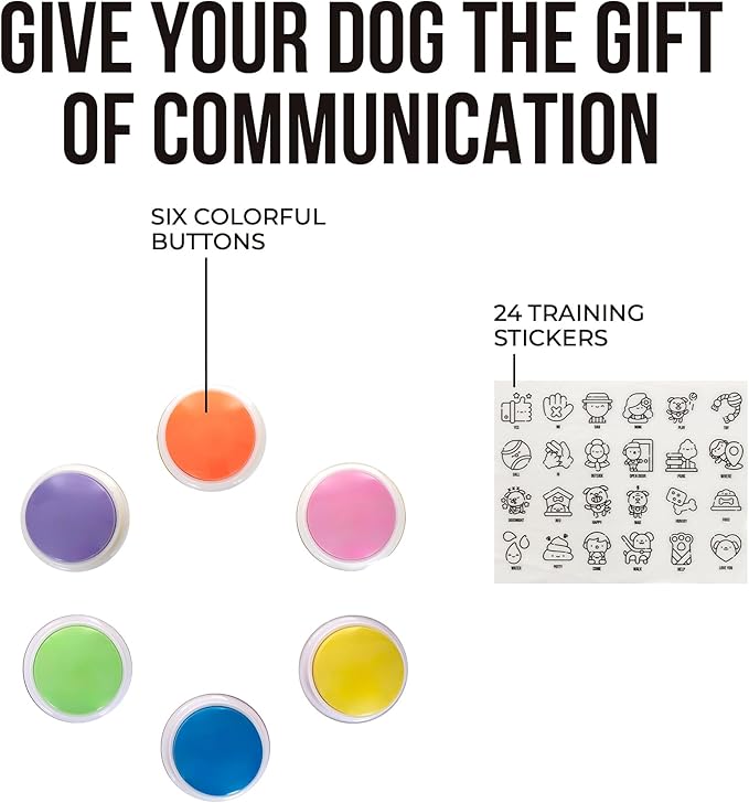 Talking Buttons for Dogs - Dog Training Push Buttons -Talk Commands into 6 Speaking Buttons with 24 Command Stickers for Easily Training Dogs
