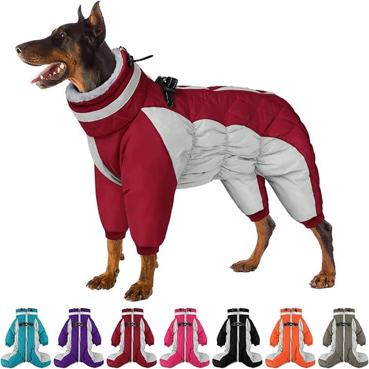 SUNFURA Full Body Dog Coat - Warm Fleece Jacket for Large Dogs, Turtleneck Winter Coats with Harness, Reflective Dog Snowsuit Windproof Puffer Jackets with Legs for French Bulldog, Burgundy L