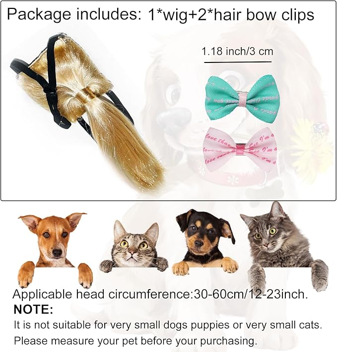 Funny Dog Wig Pet Costumes, Cat Costume Synthetic Hairpiece Cosplay Wigs, Headwear for Halloween Christmas Festivals Party Decor, Fancy Dress,Adjustbale Size,30CM Blonde Ponytail