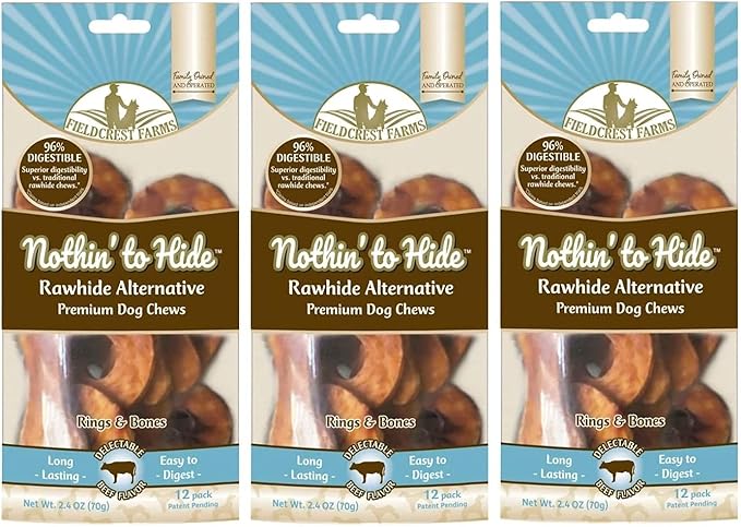 Fieldcrest Farms 3 Pack of Nothin' to Hide Beef Rings and Bones, 12 Count Each, Rawhide Alternative Dog Chews