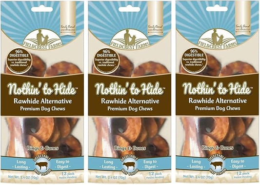 Fieldcrest Farms 3 Pack of Nothin' to Hide Beef Rings and Bones, 12 Count Each, Rawhide Alternative Dog Chews