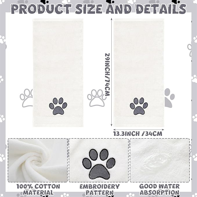 2 Pcs Dog Paw Hand Towels Beige Bathroom Decor 13 x 29 Inch 100% Cotton Embroidered Soft Hand Towels Absorbent Farmhouse for Kitchen Restroom