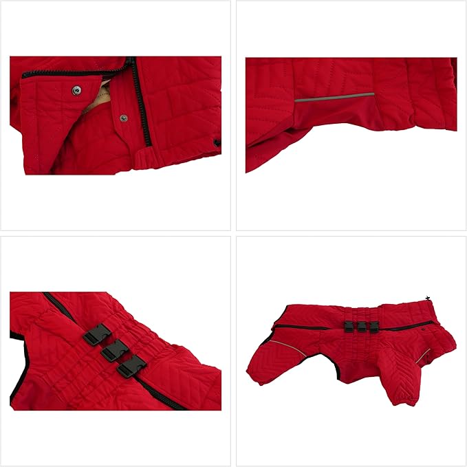 Warm Dog Coat Double Layers Dog Vest, 4 Legs Covered Windproof Waterproof Reflective Warm Dog Vest Outdoor Skating Dog Costume for Small Medium Large Dogs Red 4XL