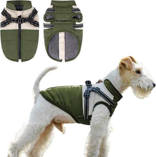 Dog Winter Coat for Small & Medium Dogs, Waterproof Dog Coat with Harness, Puppies Windproof Puppy Puffer Jacket, Snowsuit for Dachshund, Frenchie, Corgi (Classic Green,L)