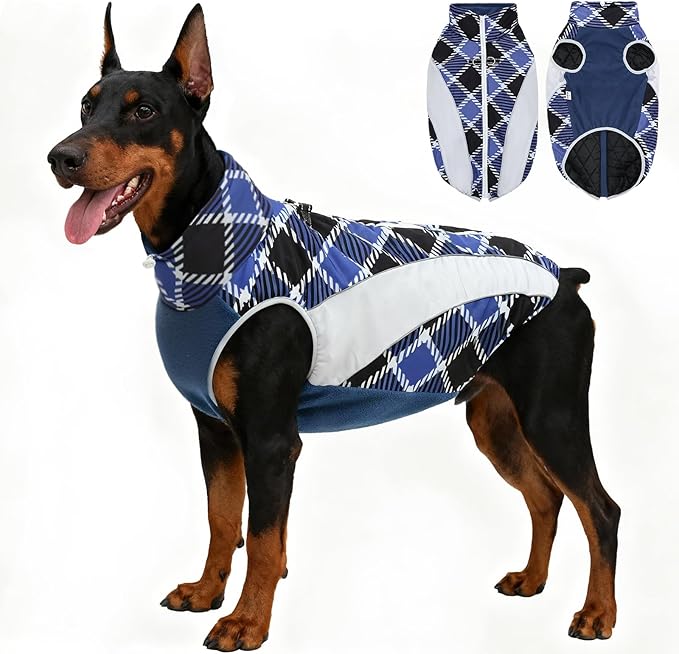 Dog Coats for Large Dogs with Harness Built in, Waterproof Dog Jacket Warm Pet Winter Coat Snowsuit for Cold Weather, Reflective Fleece Windproof Jacket, Blue, U-LDMF04XL
