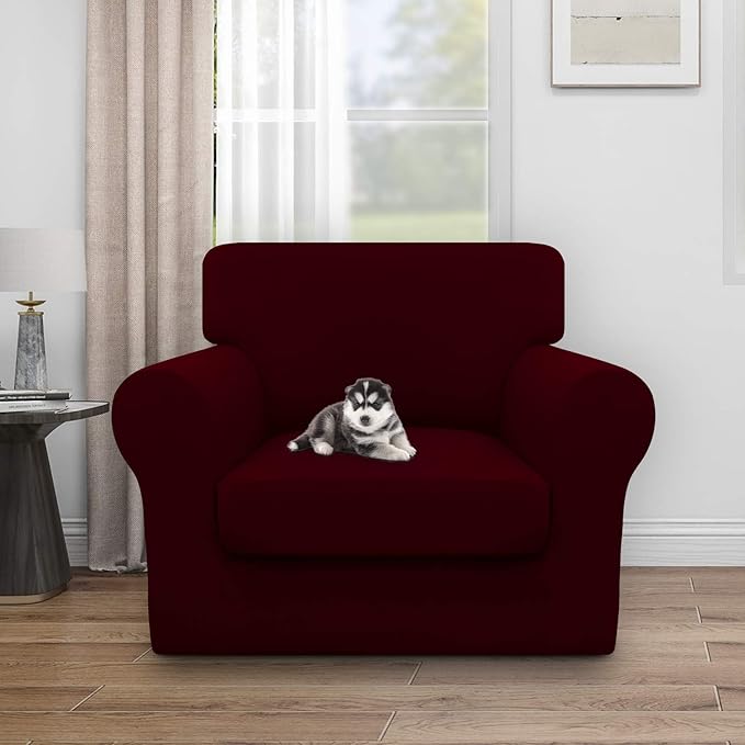 Easy-Going 100% Dual Waterproof 2 Pieces Chair Cover Stretch Soft Couch Cover for Dogs, Sofa Slipcover for 1 Separate Cushion Couch Leakproof Furniture Protector for Kids, Pets Wine