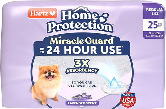 Hartz Miracle Guard Dog and Puppy Dog Pads Max Absorbency 24 Hour Use Odor Eliminating Lavender Scented No Leaks, Regular Size 25 Count
