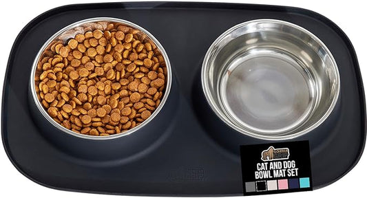 GORILLA GRIP Feeding Mat Bowl Set, 4 Cup 100% Waterproof BPA Free Silicone Base, 304 Stainless Steel Cat and Dog Bowls for Food and Water, Slip Resistant, High Edge, US Designed, Patent Pending, Black
