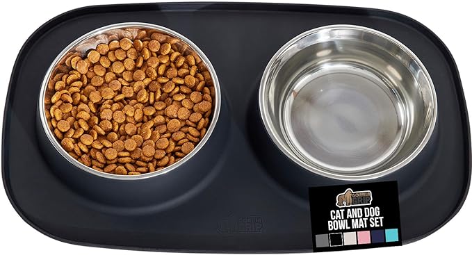 GORILLA GRIP Feeding Mat Bowl Set, 100% Waterproof BPA Free Silicone Base, 304 Stainless Steel Cat and Dog Bowls for Food and Water, Slip Resistant, High Edge, US Designed, Patent Pending, 2 Cup Black