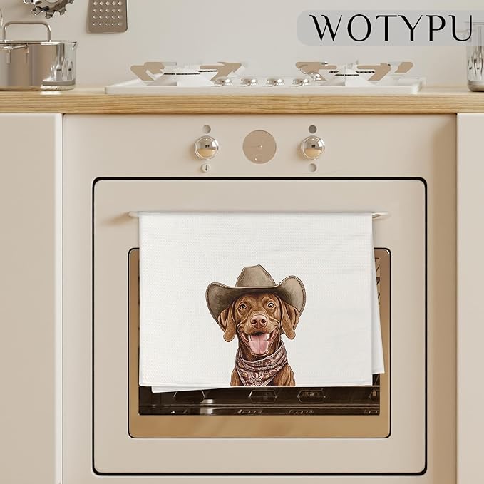 Cowboy Vizsla Kitchen Towels, Vizsla Gifts for Women Men Dish Tea Towel for Kitchen Decor, Funny Western Dog Hand Towels for Bathroom Decor, Dog Lover Mom Gifts, 16X24 Inch
