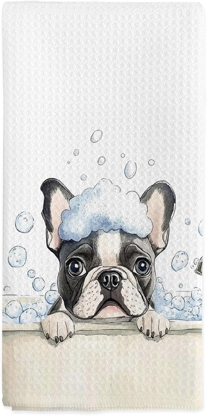 Funny French Bulldog Gifts Hand Towels for Bathroom, Frenchie Dog Gifts Dish Tea Towels, French Bulldog Dog in Bathtub Hand Towel for Toilet Kitchen Restroom Decor, 16x24 Inch
