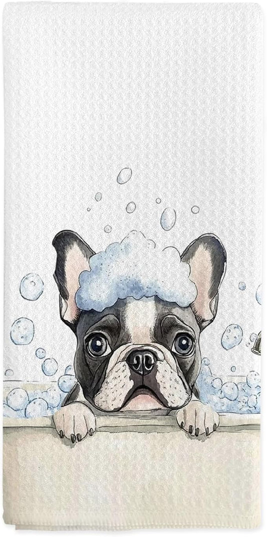 Funny French Bulldog Gifts Hand Towels for Bathroom, Frenchie Dog Gifts Dish Tea Towels, French Bulldog Dog in Bathtub Hand Towel for Toilet Kitchen Restroom Decor, 16x24 Inch
