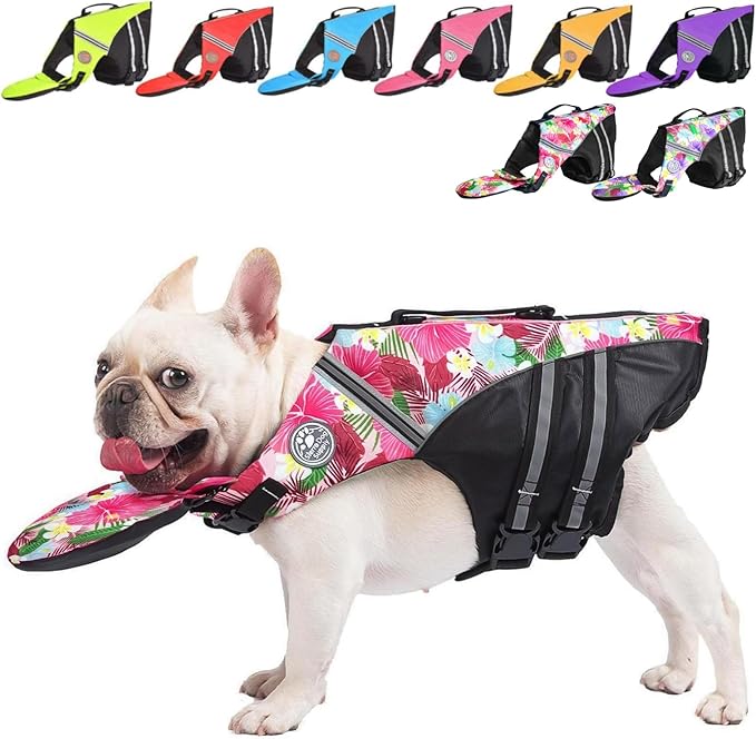 Dog Life Jacket, French Bulldog Life Vest for Swimming Boating, Dog Swim Vest with Chin Float and Rescue Handle, High Flotation Puppy Life Jackets (Chest Girth: 17" to 30", Weight: 17" to 28" LB)