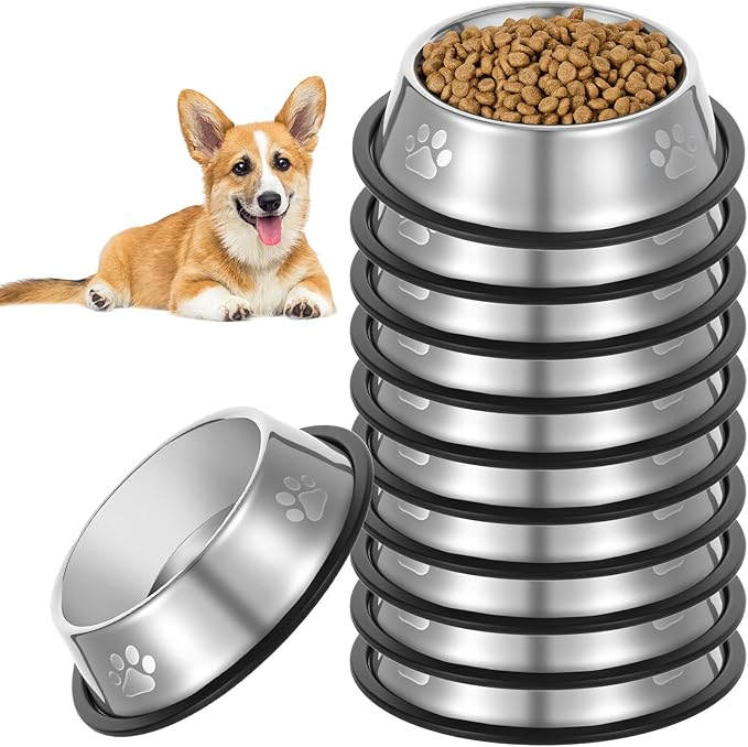 12PCS Stainless Steel Dog Bowls, 7OZ Metal Feeding Bowl with Non-Slip Rubber Base, Pet Food and Water Dishes for Small Medium Animals Kitten Puppy Rabbit Cats
