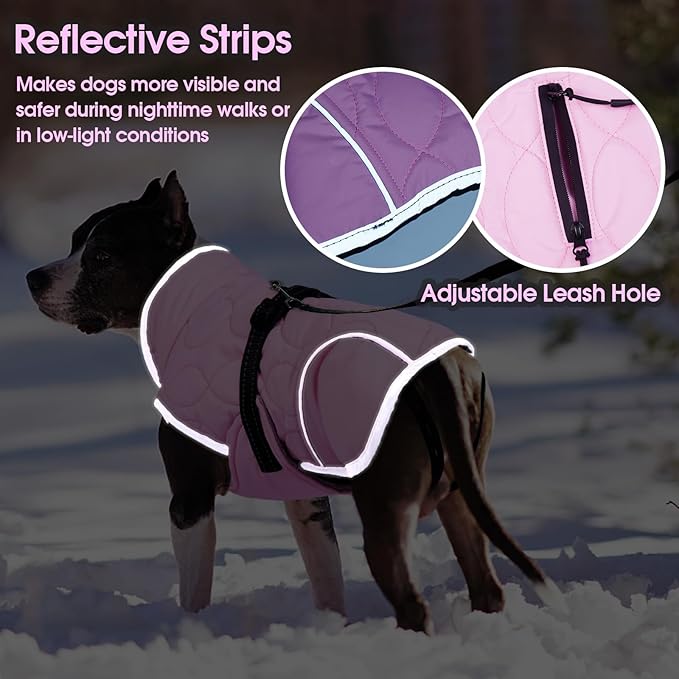 IDOMIK Dog Winter Jacket, Adjustable Waterproof Dog Warm Coat with Fleece Lining, Turtleneck Windproof Cold Weather Coats for Winter, Reflective Warm Snow Jacket for Border Collie Husky,Pink,L